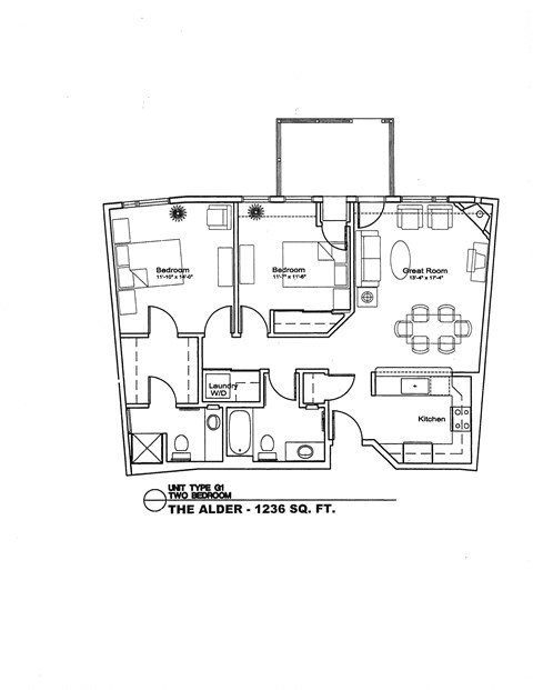 A black and white image of a floor plan for a two bedroom unit.